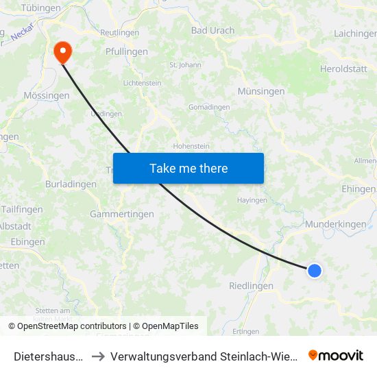 Dietershausen to Verwaltungsverband Steinlach-Wiesaz map