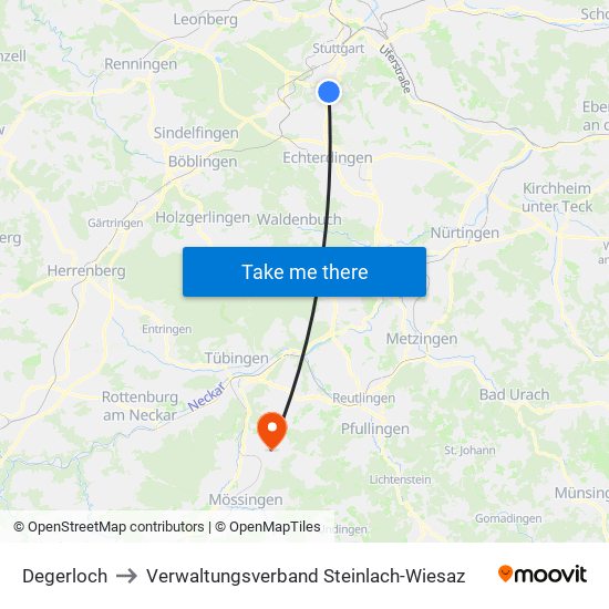 Degerloch to Verwaltungsverband Steinlach-Wiesaz map