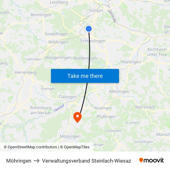 Möhringen to Verwaltungsverband Steinlach-Wiesaz map