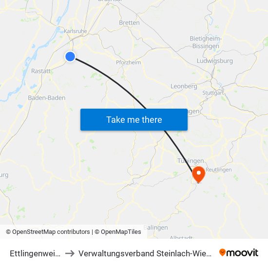 Ettlingenweier to Verwaltungsverband Steinlach-Wiesaz map