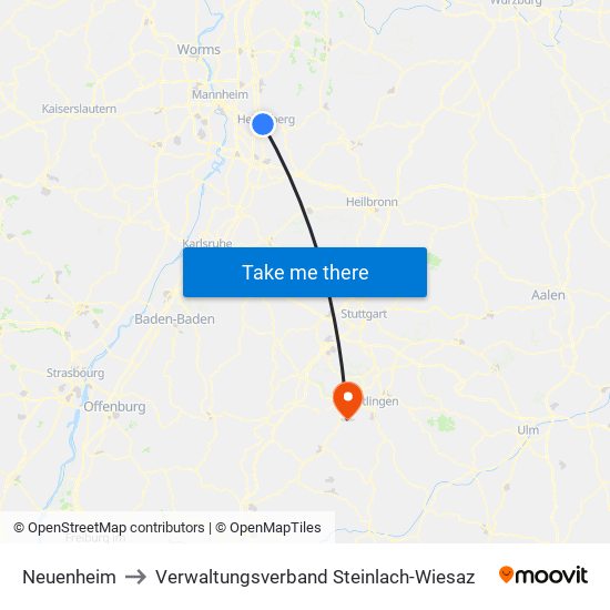 Neuenheim to Verwaltungsverband Steinlach-Wiesaz map