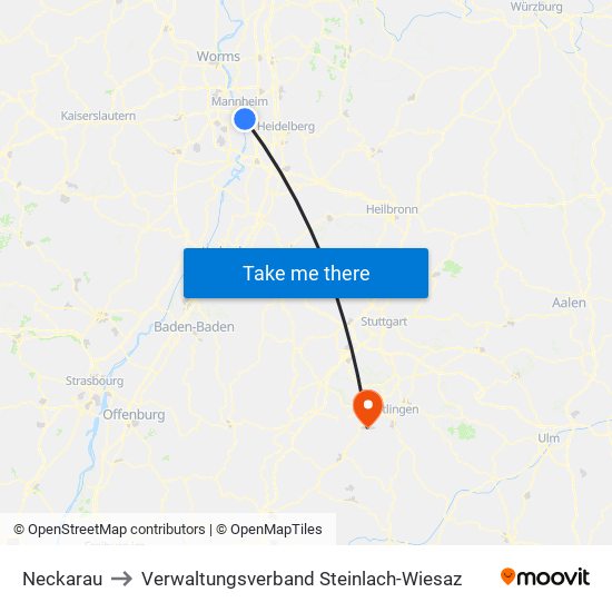 Neckarau to Verwaltungsverband Steinlach-Wiesaz map