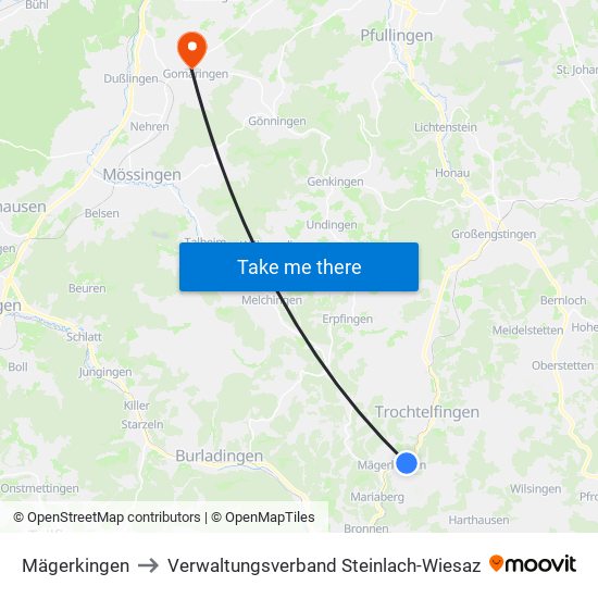 Mägerkingen to Verwaltungsverband Steinlach-Wiesaz map
