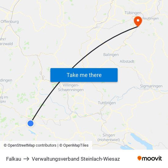 Falkau to Verwaltungsverband Steinlach-Wiesaz map