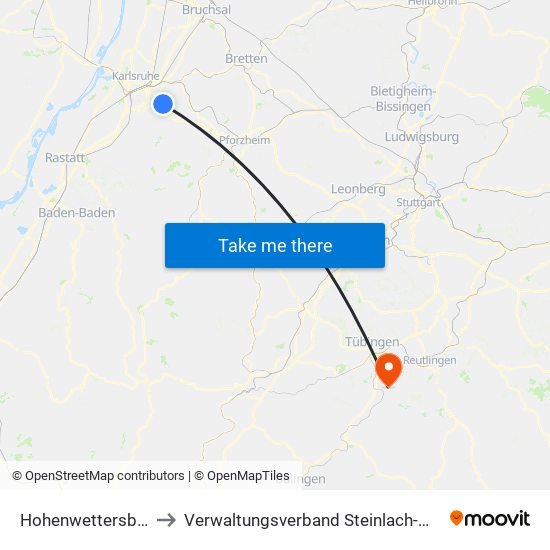 Hohenwettersbach to Verwaltungsverband Steinlach-Wiesaz map