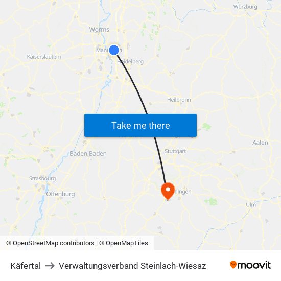 Käfertal to Verwaltungsverband Steinlach-Wiesaz map