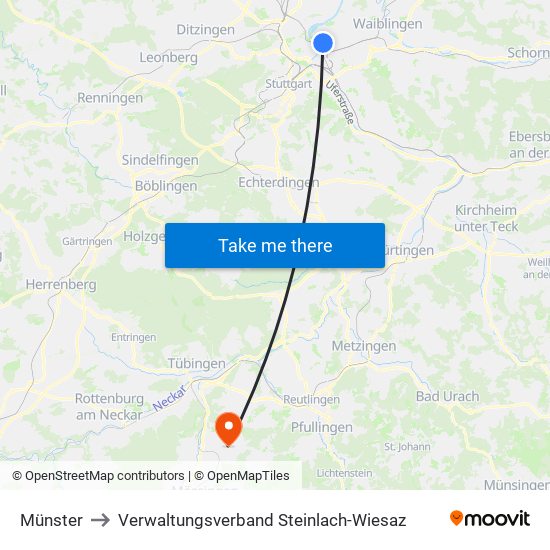 Münster to Verwaltungsverband Steinlach-Wiesaz map