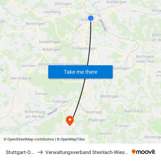 Stuttgart-Ost to Verwaltungsverband Steinlach-Wiesaz map