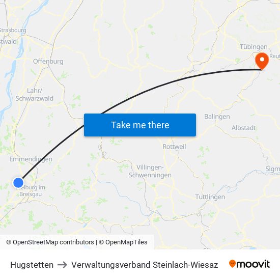 Hugstetten to Verwaltungsverband Steinlach-Wiesaz map