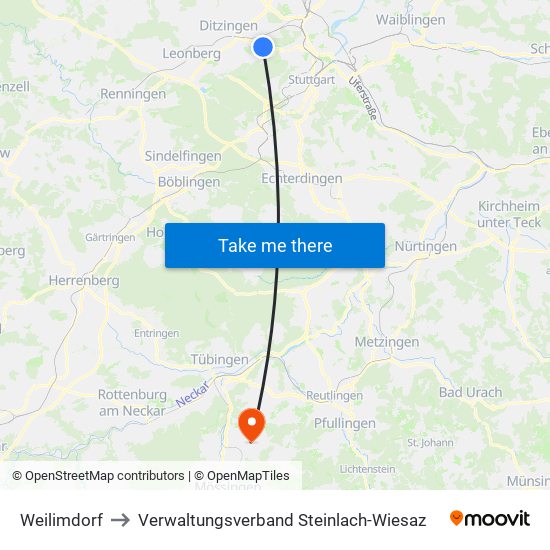 Weilimdorf to Verwaltungsverband Steinlach-Wiesaz map