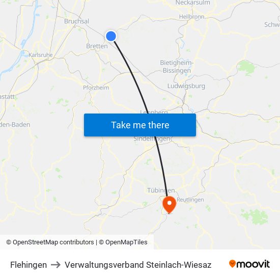 Flehingen to Verwaltungsverband Steinlach-Wiesaz map
