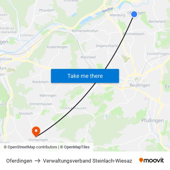 Oferdingen to Verwaltungsverband Steinlach-Wiesaz map