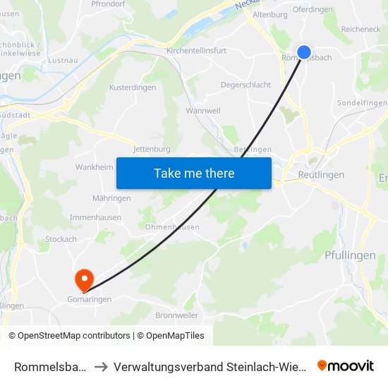 Rommelsbach to Verwaltungsverband Steinlach-Wiesaz map