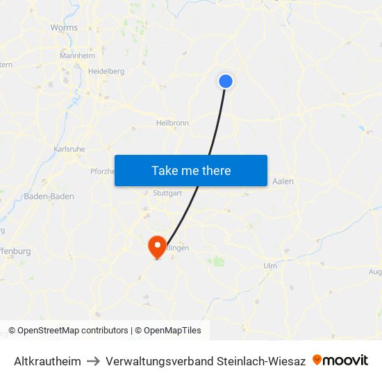 Altkrautheim to Verwaltungsverband Steinlach-Wiesaz map