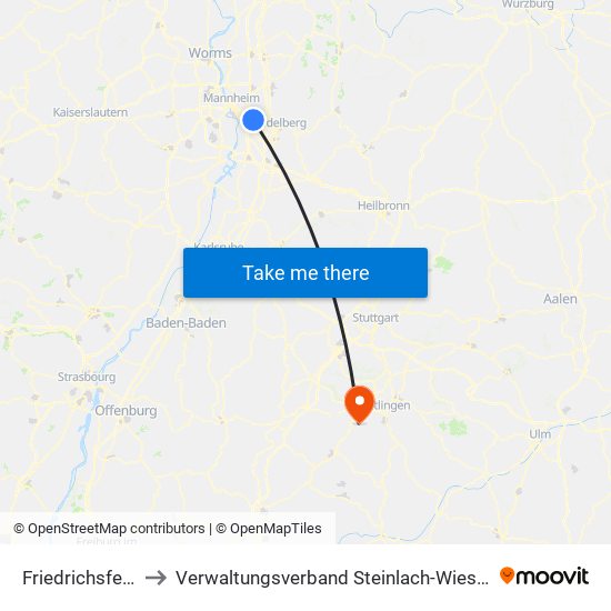 Friedrichsfeld to Verwaltungsverband Steinlach-Wiesaz map