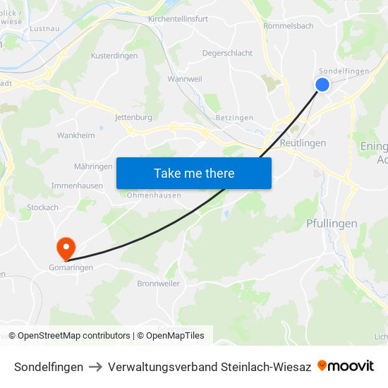 Sondelfingen to Verwaltungsverband Steinlach-Wiesaz map