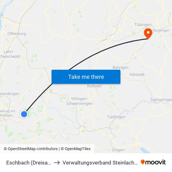 Eschbach (Dreisamtal) to Verwaltungsverband Steinlach-Wiesaz map