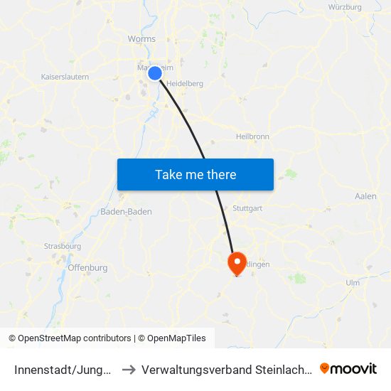 Innenstadt/Jungbusch to Verwaltungsverband Steinlach-Wiesaz map