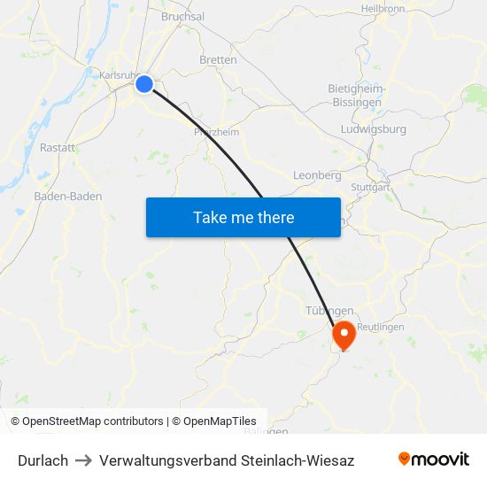 Durlach to Verwaltungsverband Steinlach-Wiesaz map