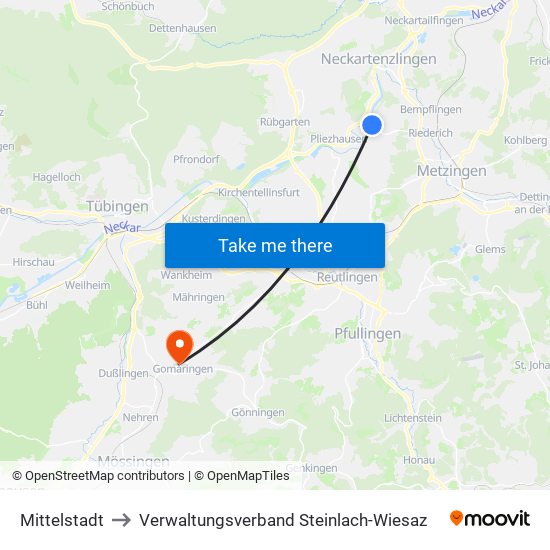 Mittelstadt to Verwaltungsverband Steinlach-Wiesaz map