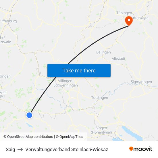 Saig to Verwaltungsverband Steinlach-Wiesaz map