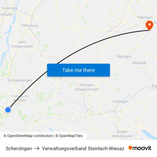 Scherzingen to Verwaltungsverband Steinlach-Wiesaz map