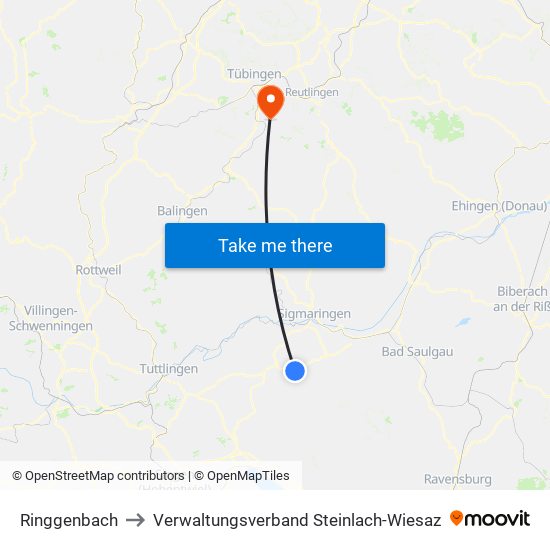 Ringgenbach to Verwaltungsverband Steinlach-Wiesaz map