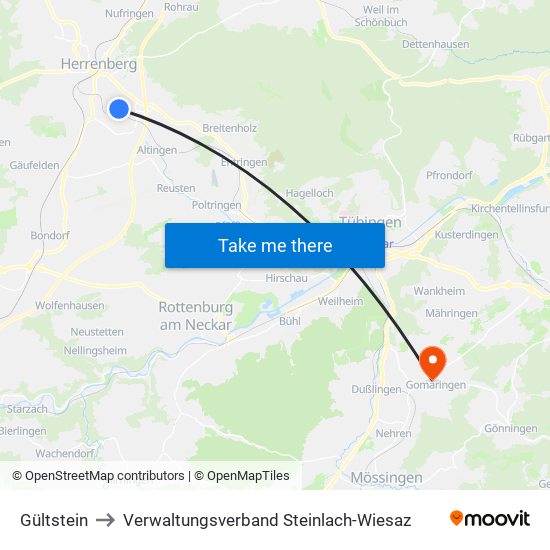 Gültstein to Verwaltungsverband Steinlach-Wiesaz map