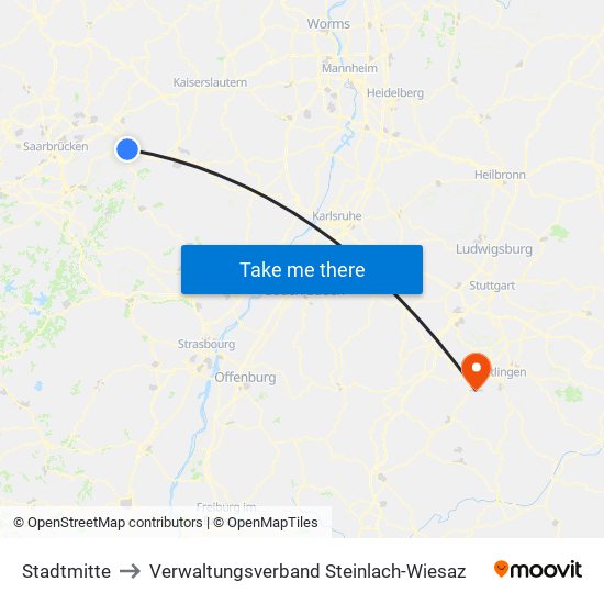 Stadtmitte to Verwaltungsverband Steinlach-Wiesaz map