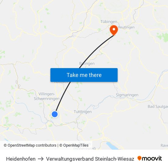 Heidenhofen to Verwaltungsverband Steinlach-Wiesaz map