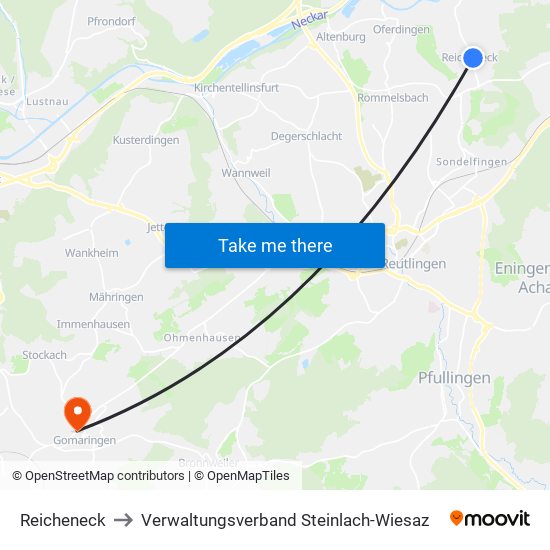 Reicheneck to Verwaltungsverband Steinlach-Wiesaz map