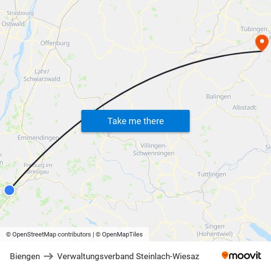 Biengen to Verwaltungsverband Steinlach-Wiesaz map