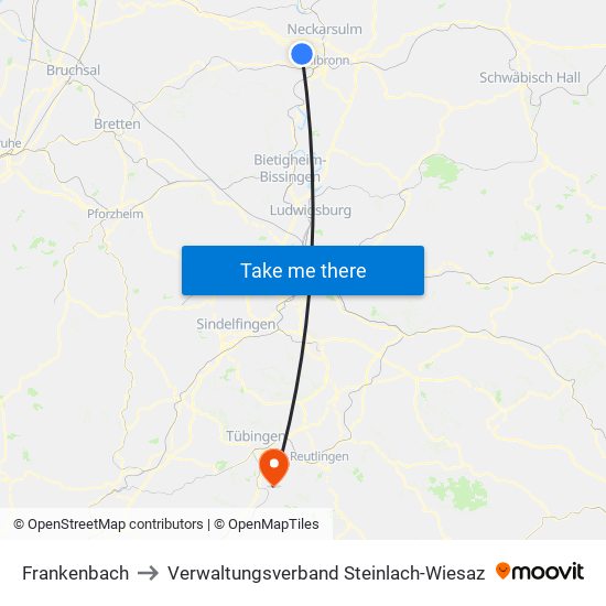 Frankenbach to Verwaltungsverband Steinlach-Wiesaz map