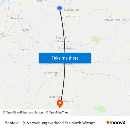 Bonfeld to Verwaltungsverband Steinlach-Wiesaz map