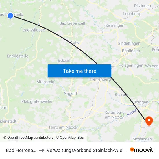 Bad Herrenalb to Verwaltungsverband Steinlach-Wiesaz map