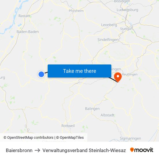 Baiersbronn to Verwaltungsverband Steinlach-Wiesaz map