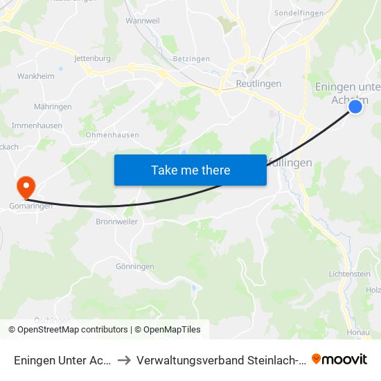 Eningen Unter Achalm to Verwaltungsverband Steinlach-Wiesaz map