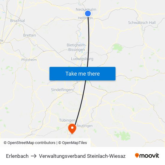 Erlenbach to Verwaltungsverband Steinlach-Wiesaz map