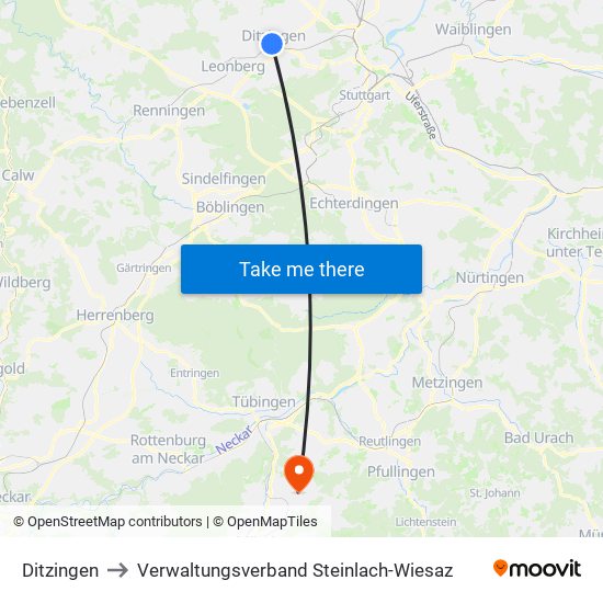 Ditzingen to Verwaltungsverband Steinlach-Wiesaz map