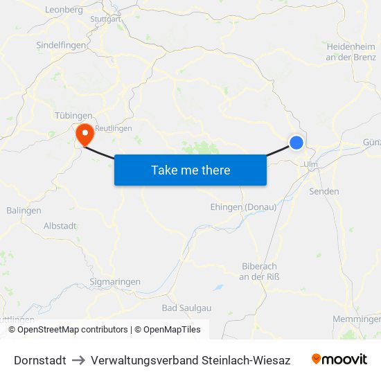 Dornstadt to Verwaltungsverband Steinlach-Wiesaz map