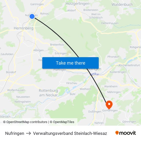 Nufringen to Verwaltungsverband Steinlach-Wiesaz map