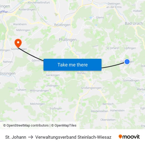 St. Johann to Verwaltungsverband Steinlach-Wiesaz map