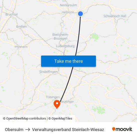 Obersulm to Verwaltungsverband Steinlach-Wiesaz map