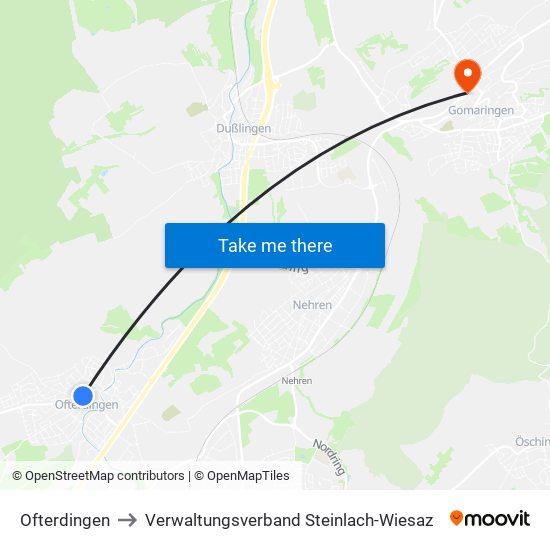 Ofterdingen to Verwaltungsverband Steinlach-Wiesaz map