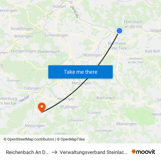 Reichenbach An Der Fils to Verwaltungsverband Steinlach-Wiesaz map
