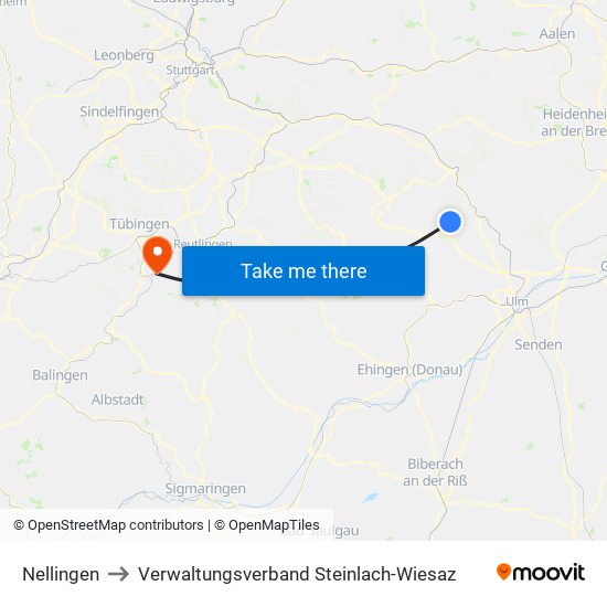 Nellingen to Verwaltungsverband Steinlach-Wiesaz map