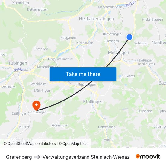 Grafenberg to Verwaltungsverband Steinlach-Wiesaz map