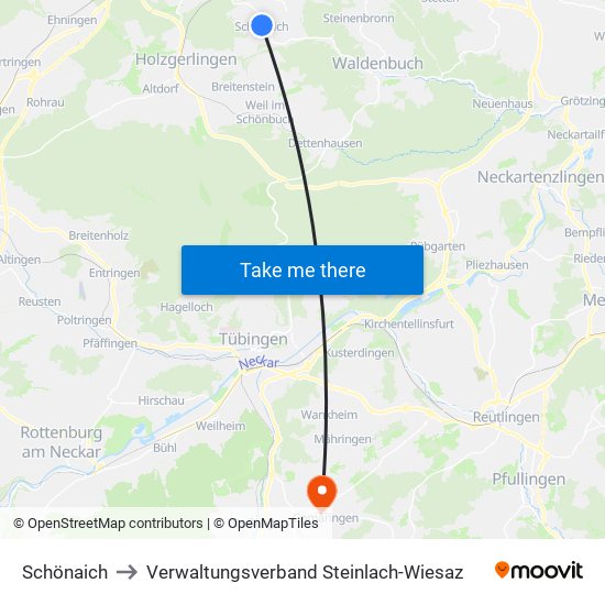 Schönaich to Verwaltungsverband Steinlach-Wiesaz map