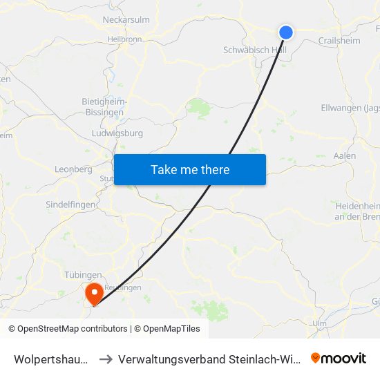 Wolpertshausen to Verwaltungsverband Steinlach-Wiesaz map