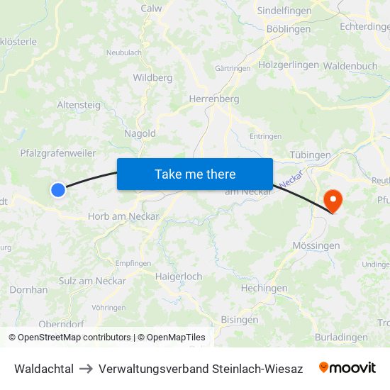 Waldachtal to Verwaltungsverband Steinlach-Wiesaz map